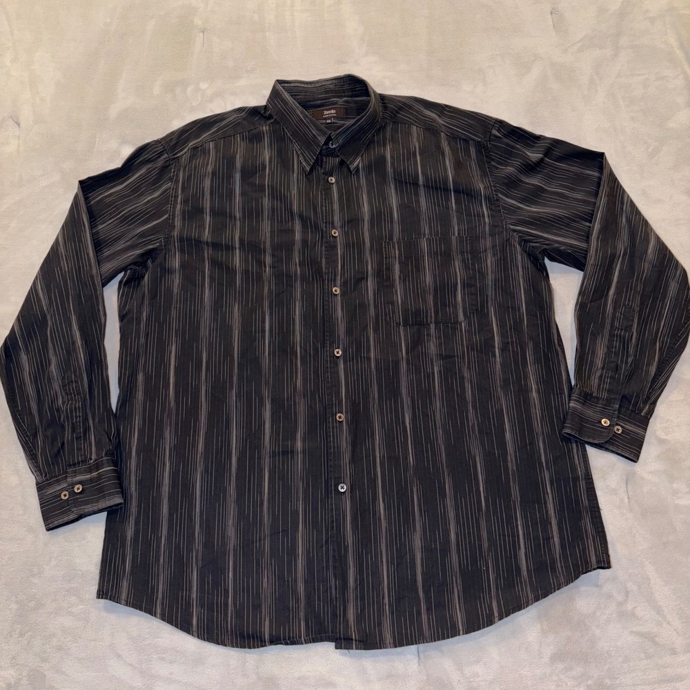 Zanella Mens XXL Black Grey Striped Button Down Shirt Made in Italy Long Sleeve